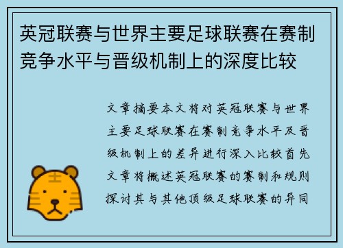 英冠联赛与世界主要足球联赛在赛制竞争水平与晋级机制上的深度比较